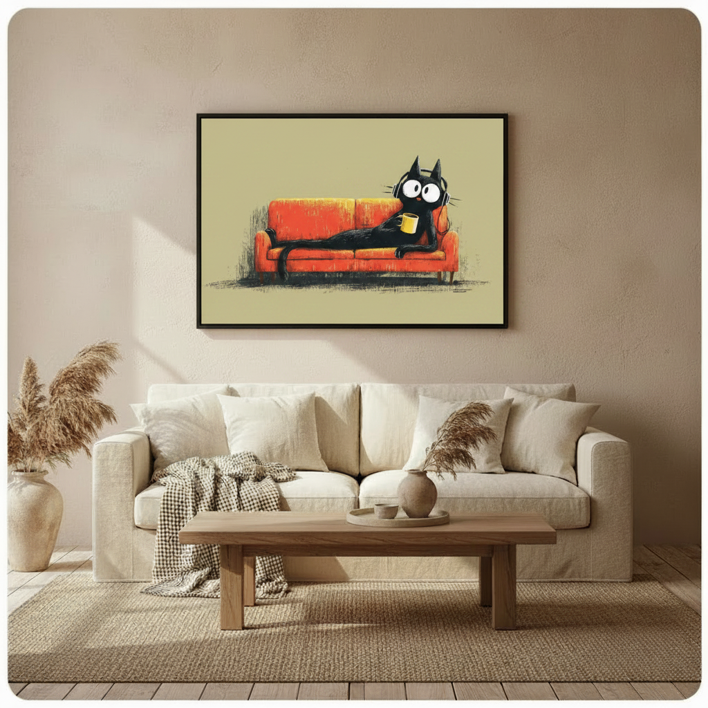 Black Cat Lounge Coffee Headphones Canvas Wall Art