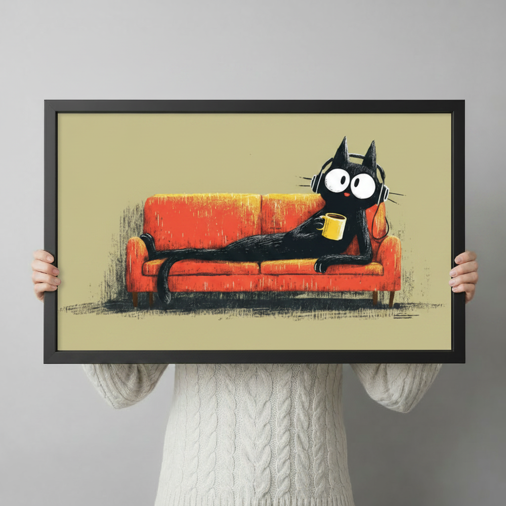 Black Cat Lounge Coffee Headphones Canvas Wall Art