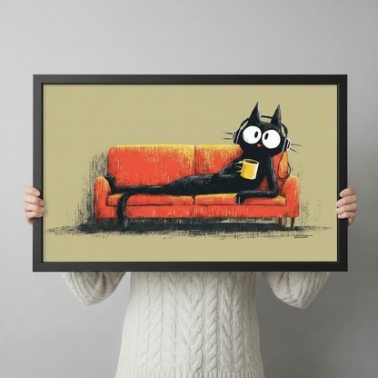 Black Cat Lounge Coffee Headphones Canvas Wall Art