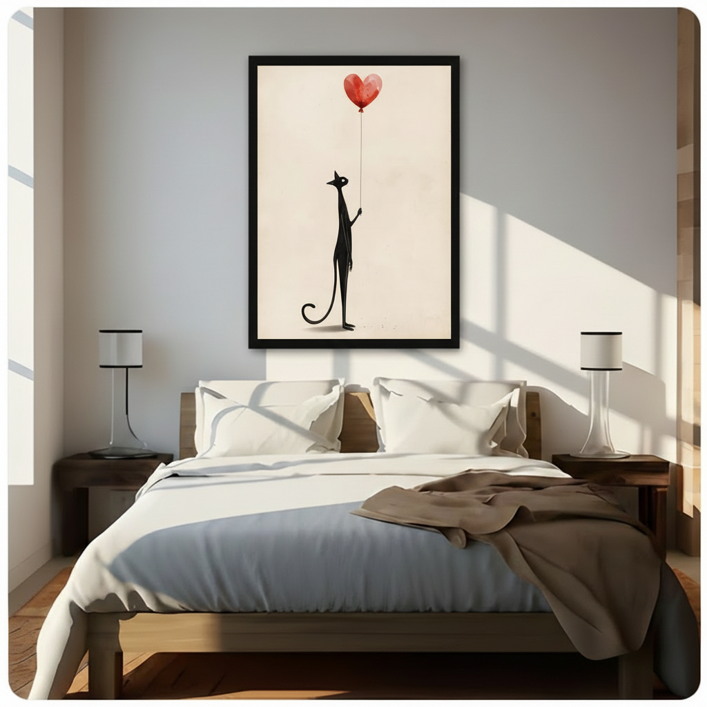 Black Cat Heart Balloon Minimalist Canvas Wall Art