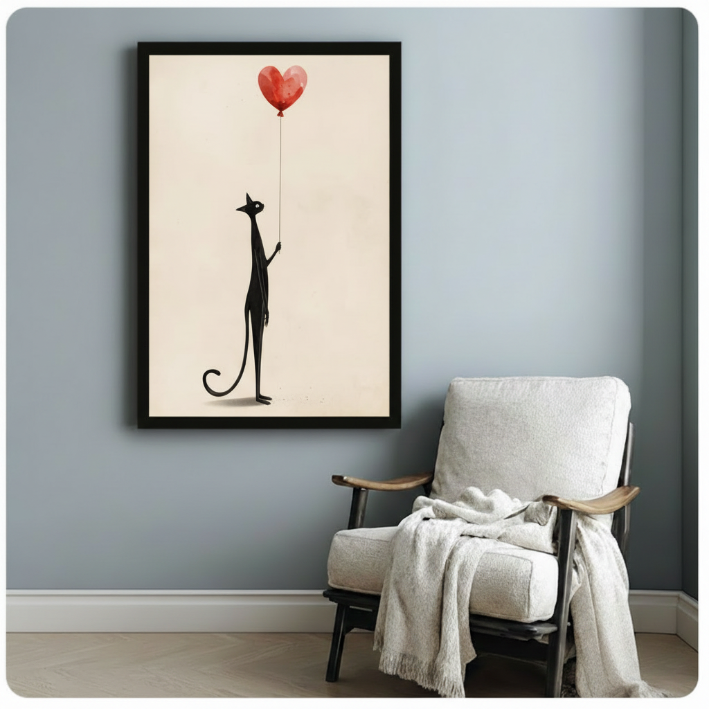 Black Cat Heart Balloon Minimalist Canvas Wall Art