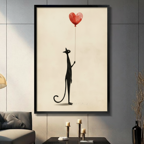 Black Cat Heart Balloon Minimalist Canvas Wall Art
