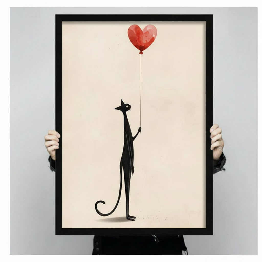 Black Cat Heart Balloon Minimalist Canvas Wall Art
