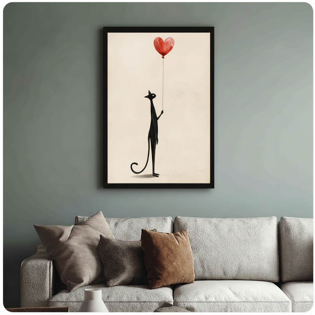 Black Cat Heart Balloon Minimalist Canvas Wall Art