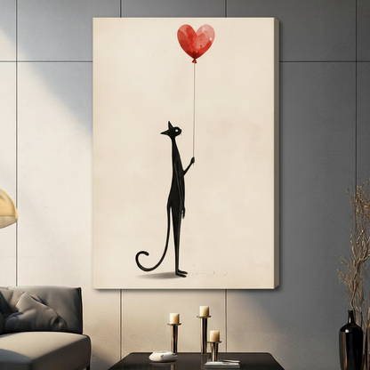 Black Cat Heart Balloon Minimalist Canvas Wall Art
