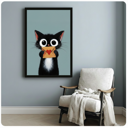 Cute Black Cat Love Letter Canvas Wall Art