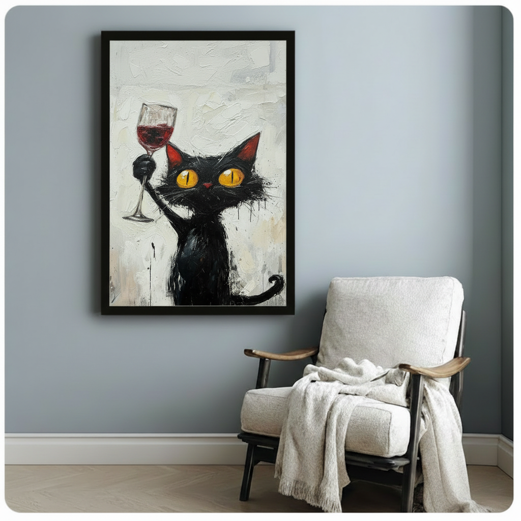 Funny Black Cat Red Wine Impasto Canvas Art Wall Art