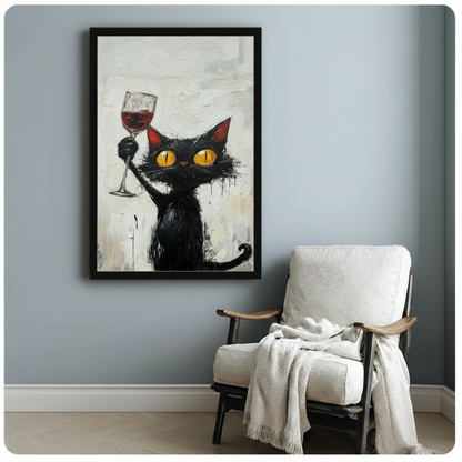 Funny Black Cat Red Wine Impasto Canvas Art Wall Art