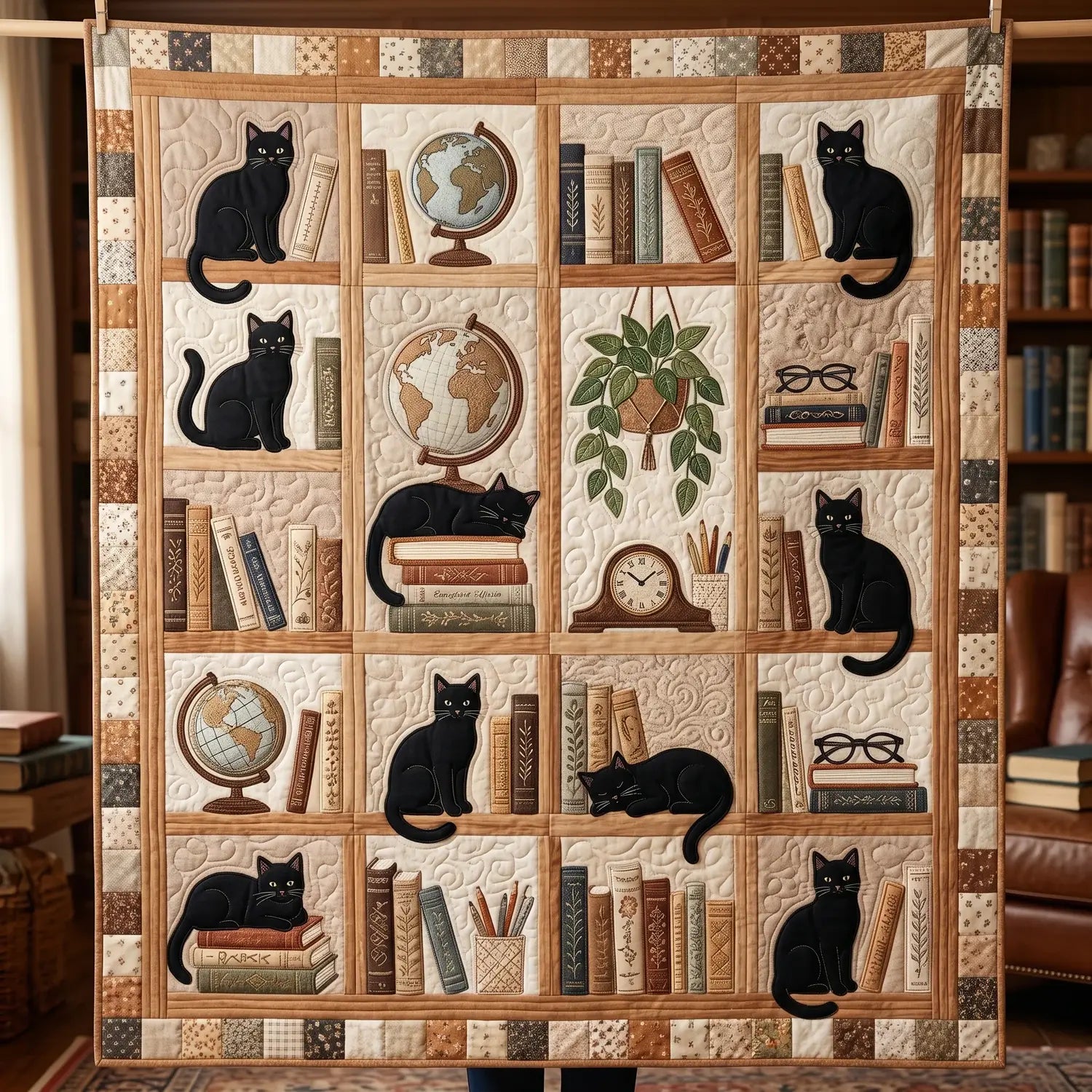 Black Cat In Library Quilt Blanket
