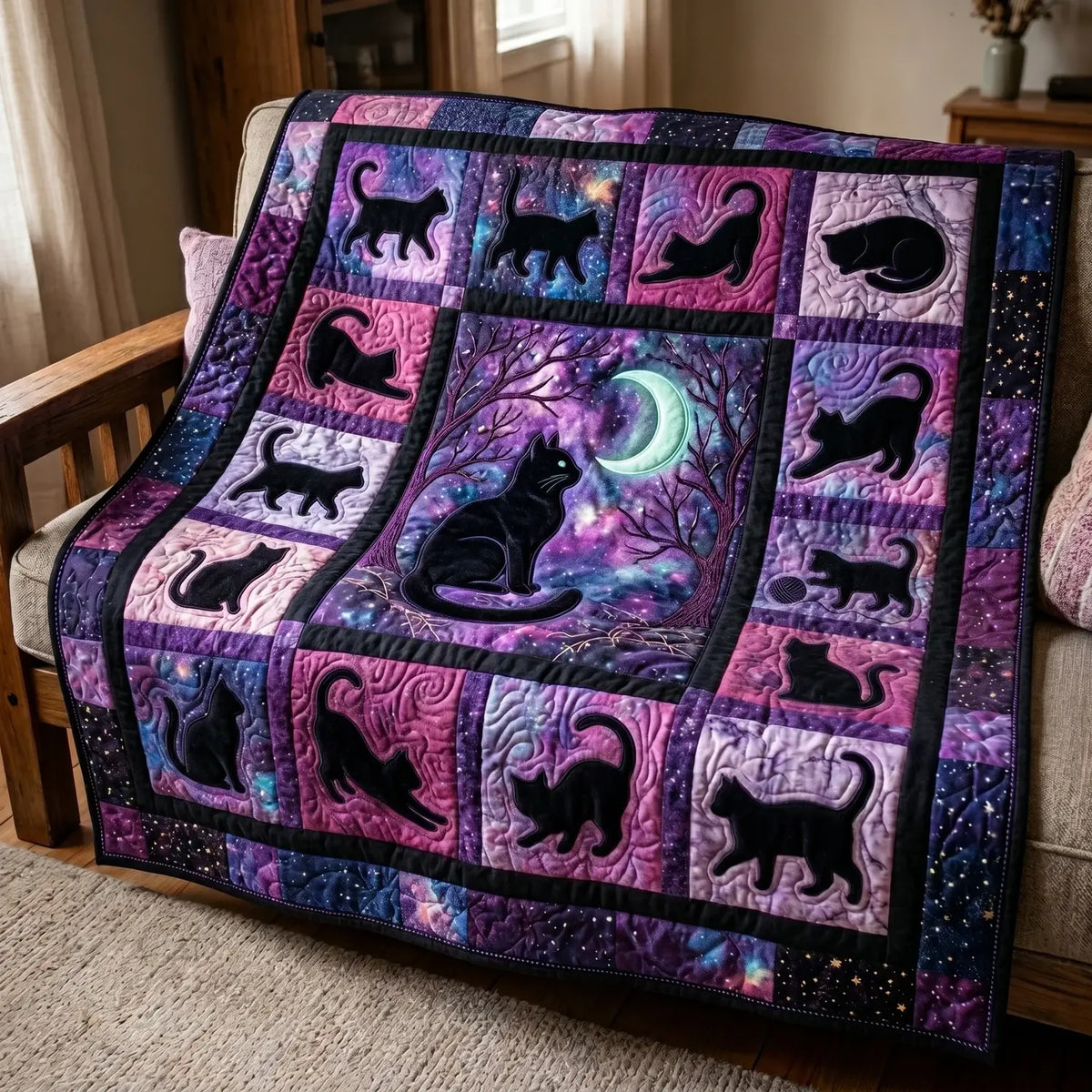 Black Cat In The Moon Quilt Blanket