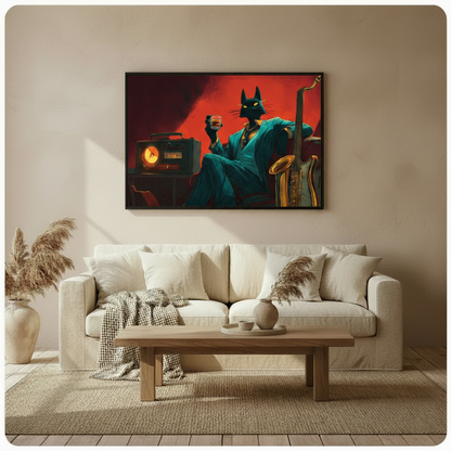 Noir Jazz Cat Framed Canvas Wall Art