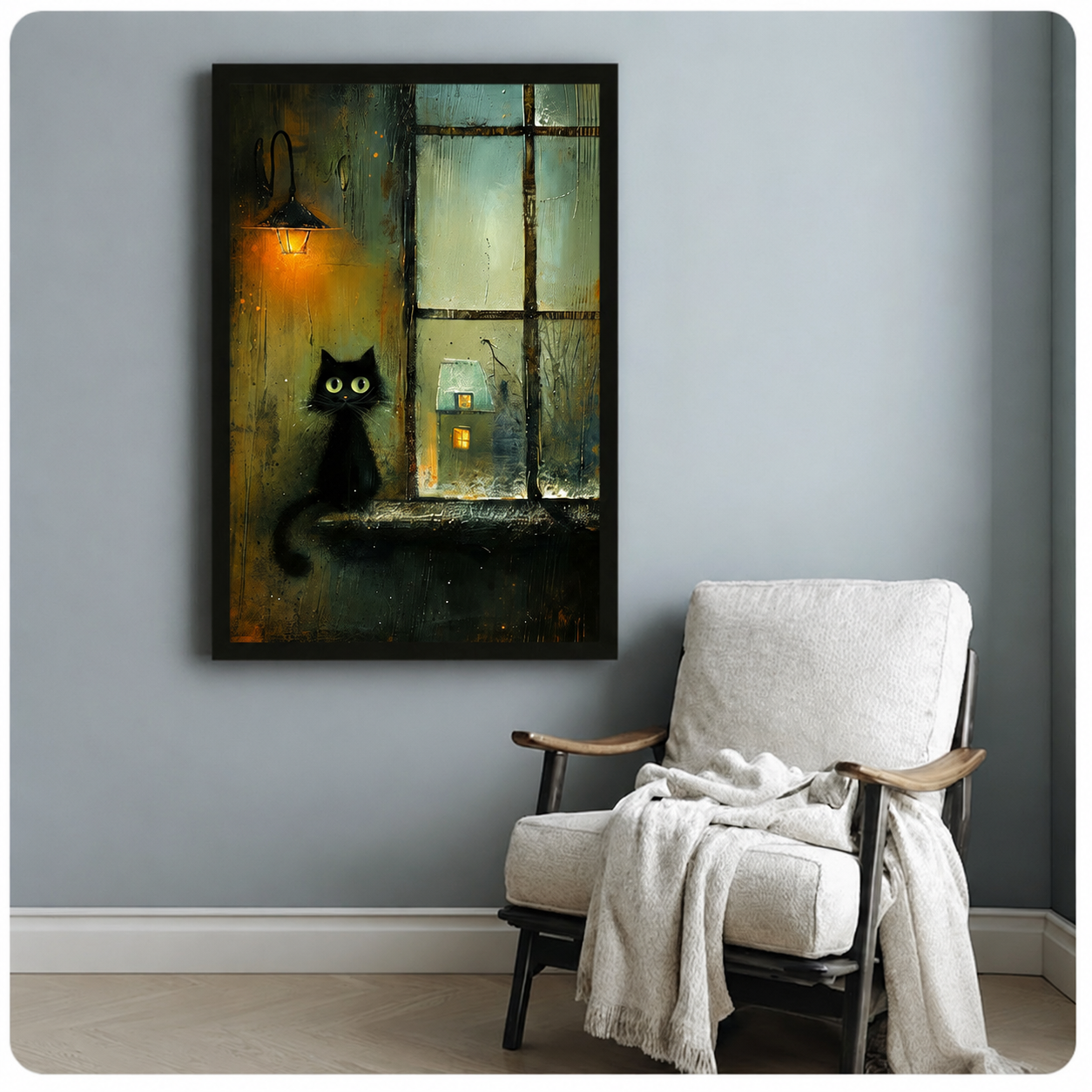 Rainy Night Black Cat Window Canvas Art Wall Art