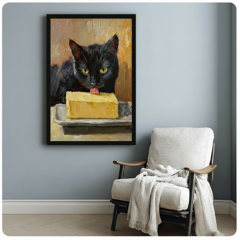 Black Cat Licking Butter Oil Painting Canvas Wall Art