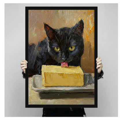 Black Cat Licking Butter Oil Painting Canvas Wall Art