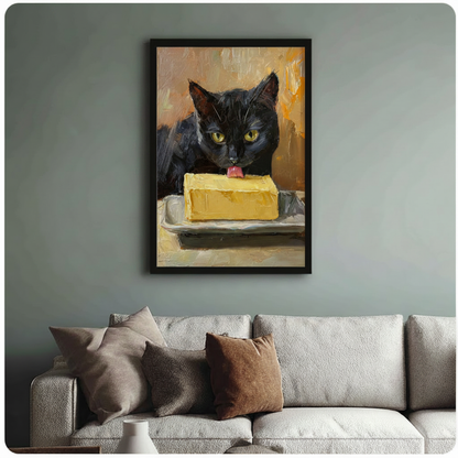 Black Cat Licking Butter Oil Painting Canvas Wall Art