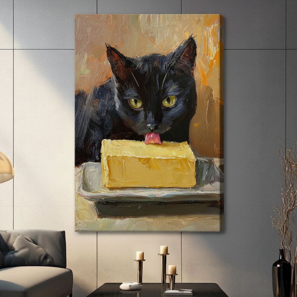 Black Cat Licking Butter Oil Painting Canvas Wall Art