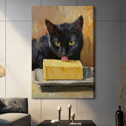 Black Cat Licking Butter Oil Painting Canvas Wall Art