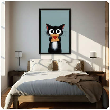 Cute Black Cat Love Letter Canvas Wall Art