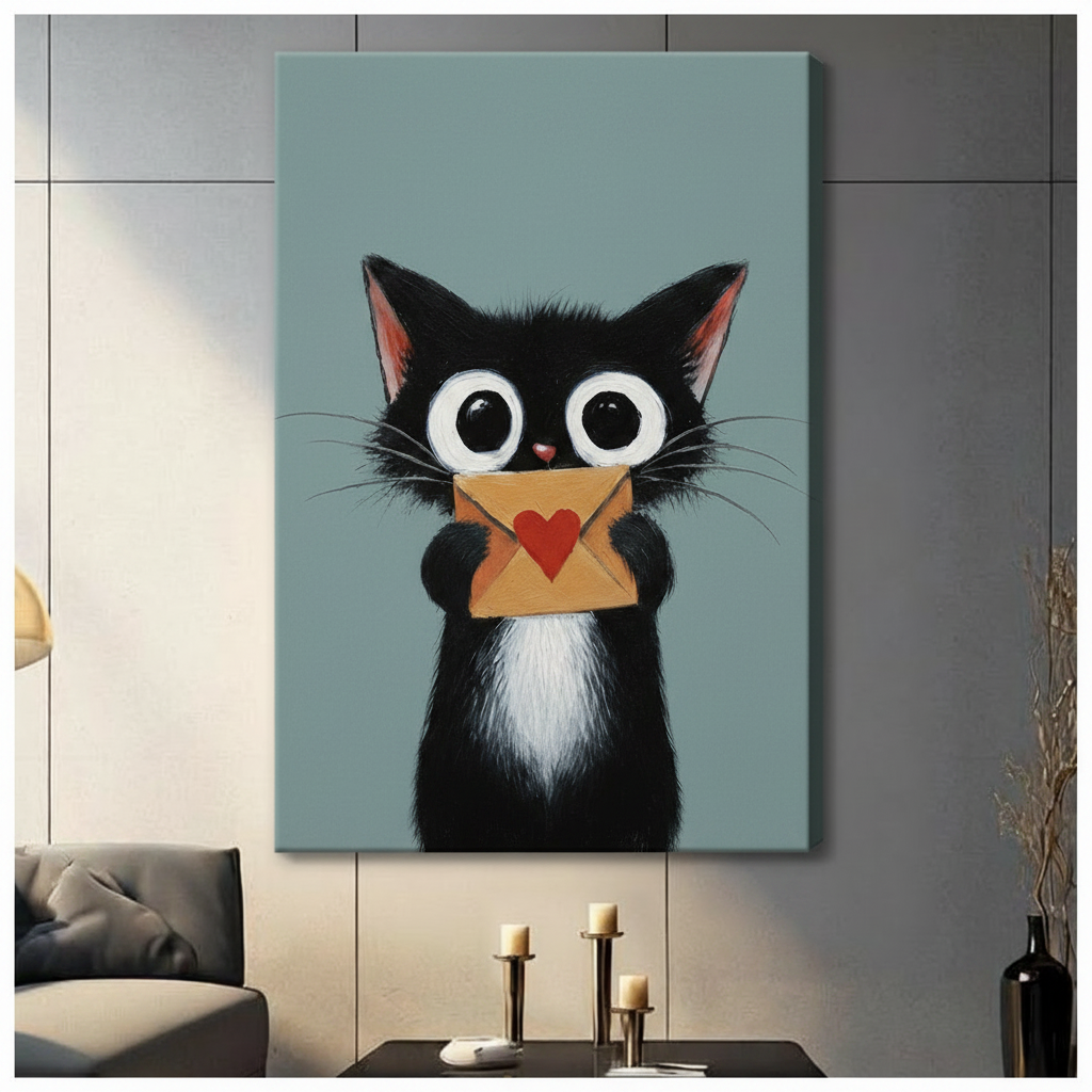 Cute Black Cat Love Letter Canvas Wall Art