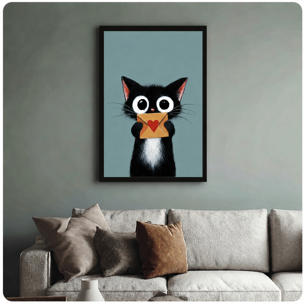Cute Black Cat Love Letter Canvas Wall Art