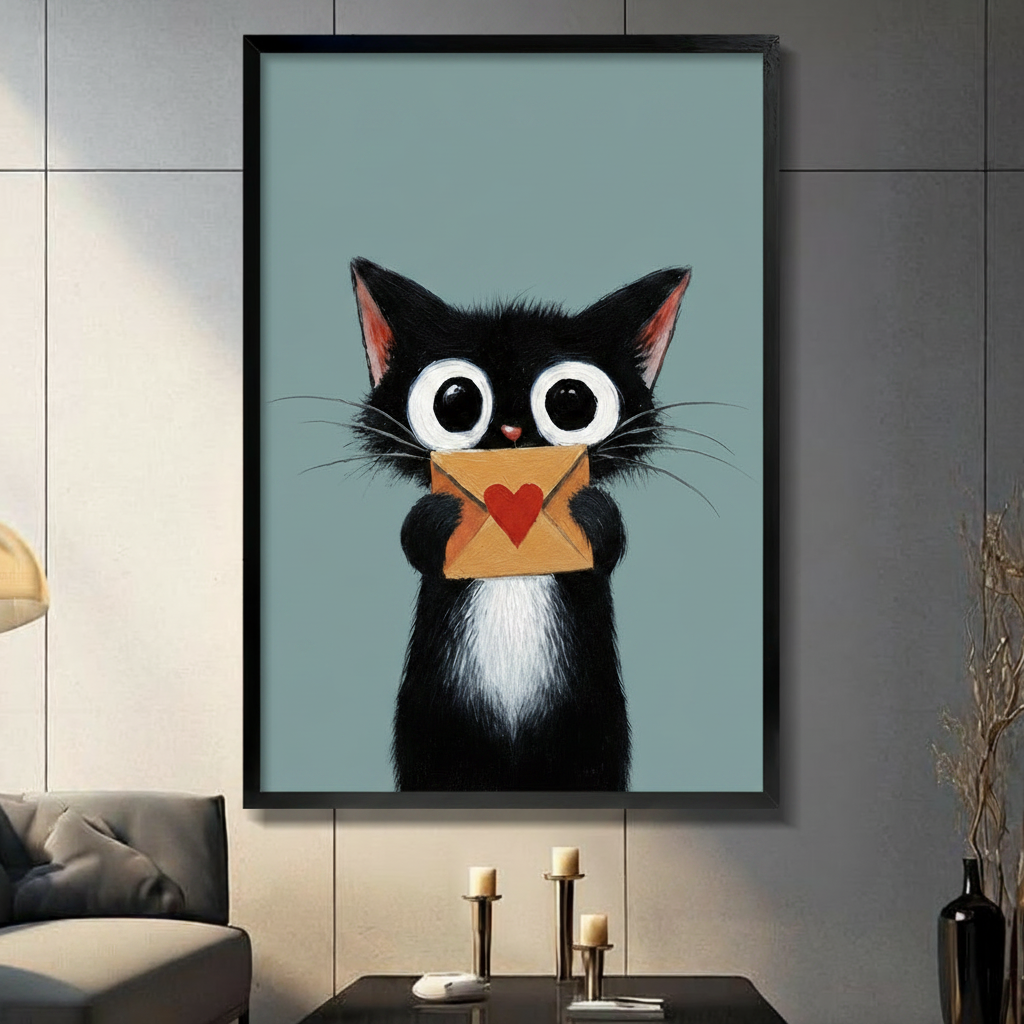 Cute Black Cat Love Letter Canvas Wall Art