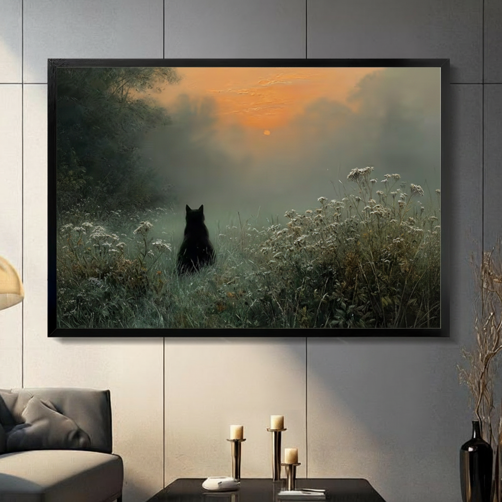 Black Cat Sunrise Misty Meadow Framed Print Canvas Wall Art