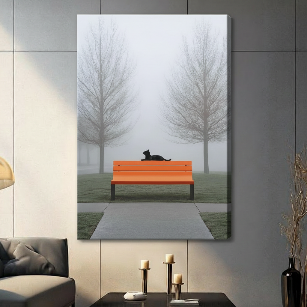 Minimalist Black Cat Foggy Park Canvas Art Wall Art