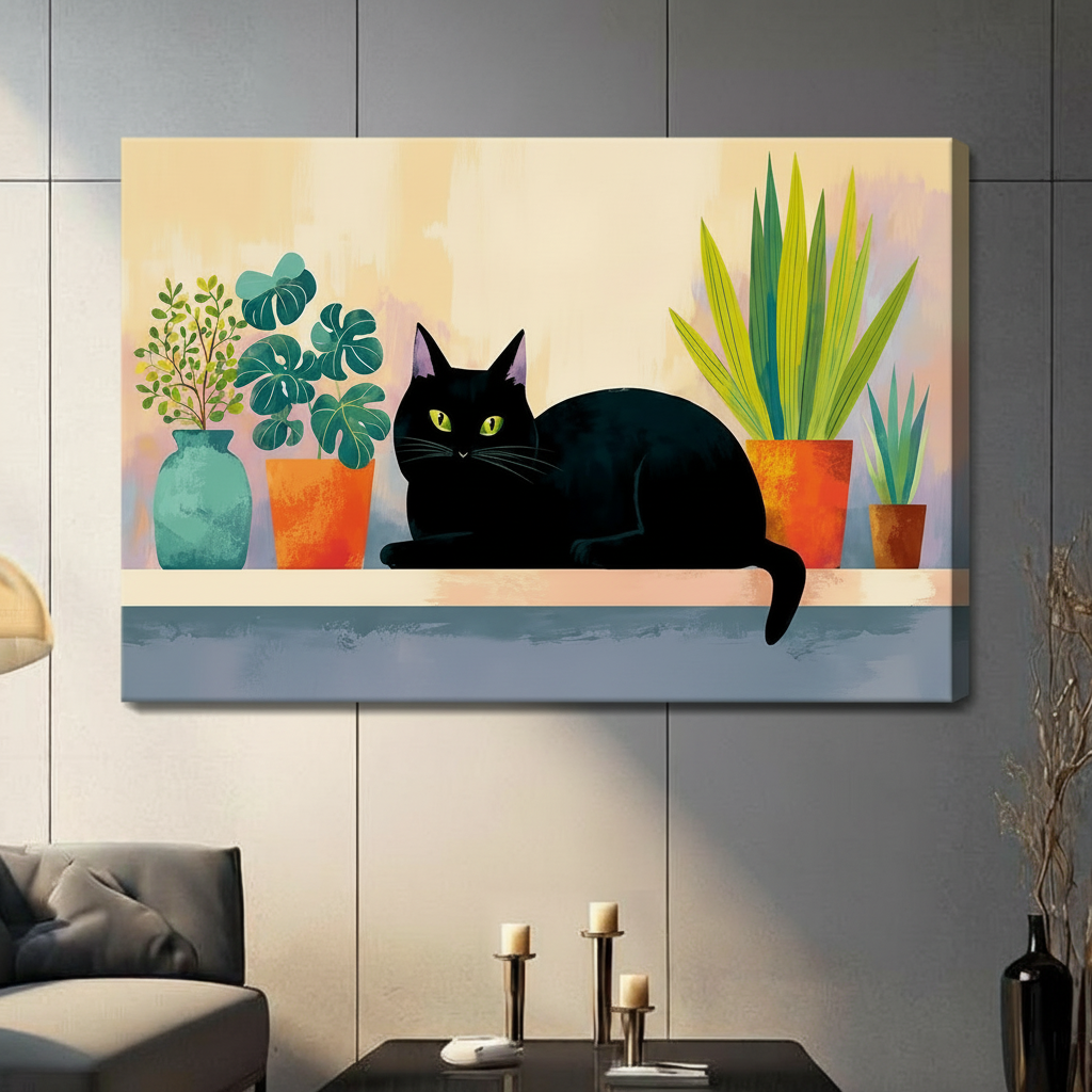 Black Cat Botanical Shelf Whimsical Canvas Art