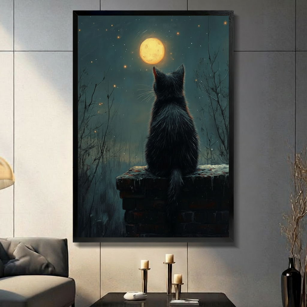 Moonlit Black Cat Canvas Wall Art