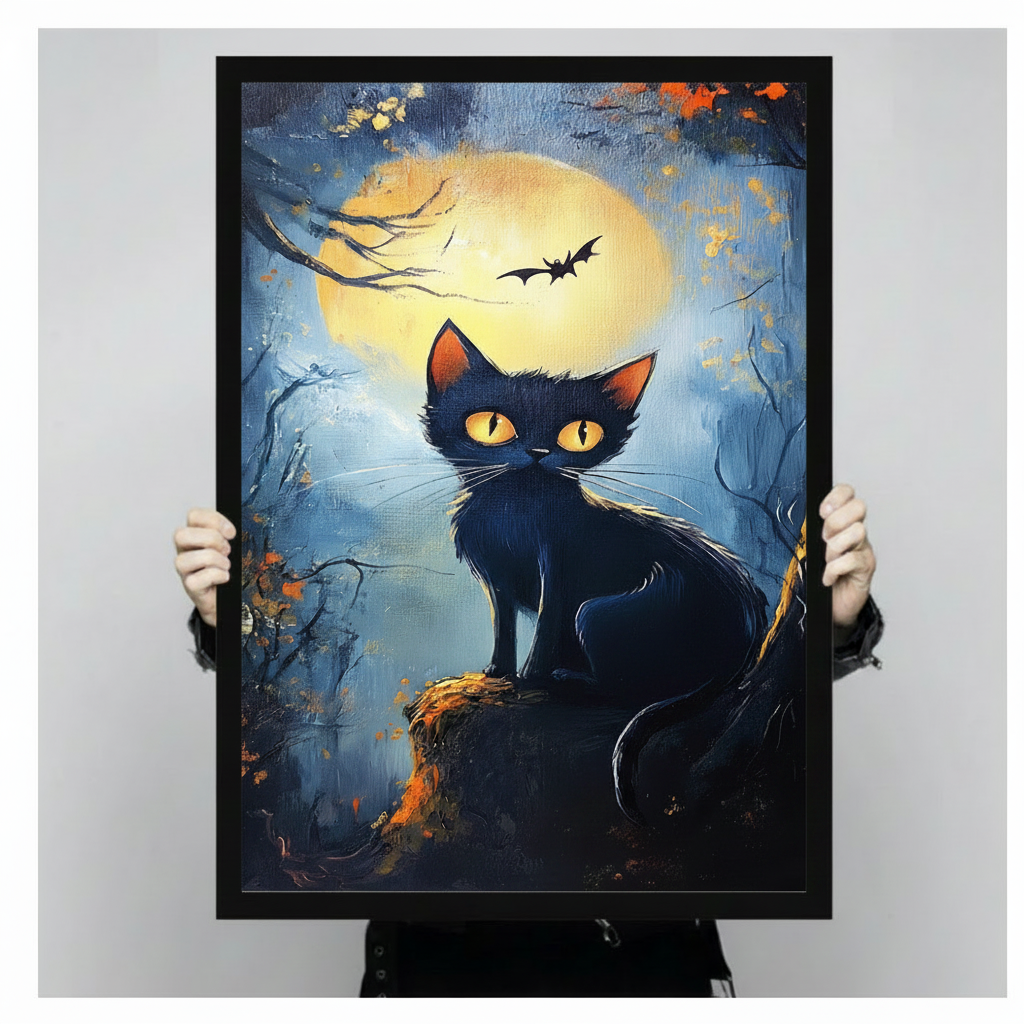 Halloween Black Cat Full Moon Canvas Art Wall Art