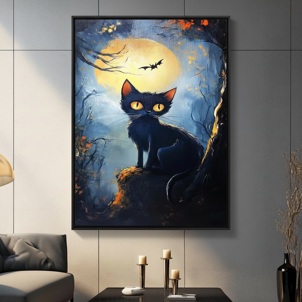 Halloween Black Cat Full Moon Canvas Art Wall Art