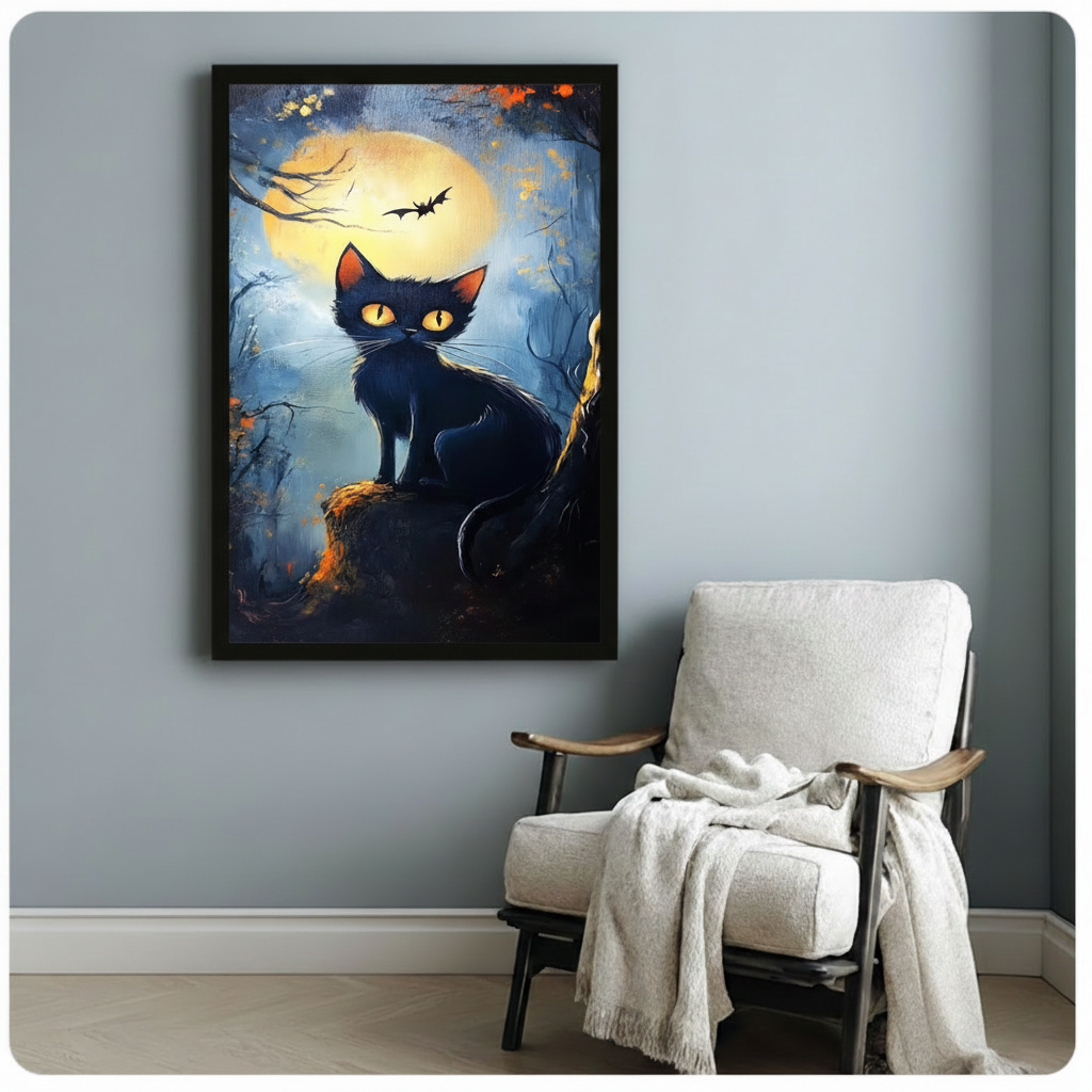 Halloween Black Cat Full Moon Canvas Art Wall Art