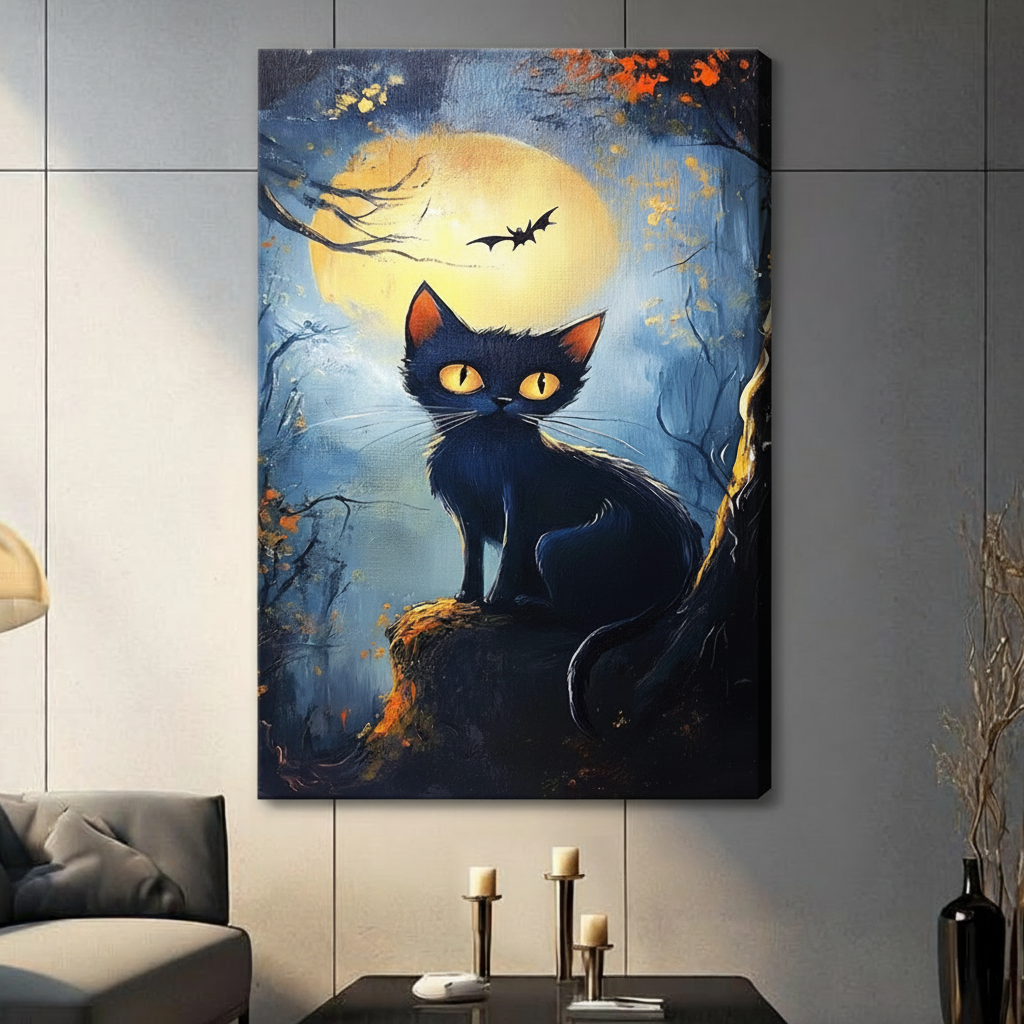 Halloween Black Cat Full Moon Canvas Art Wall Art