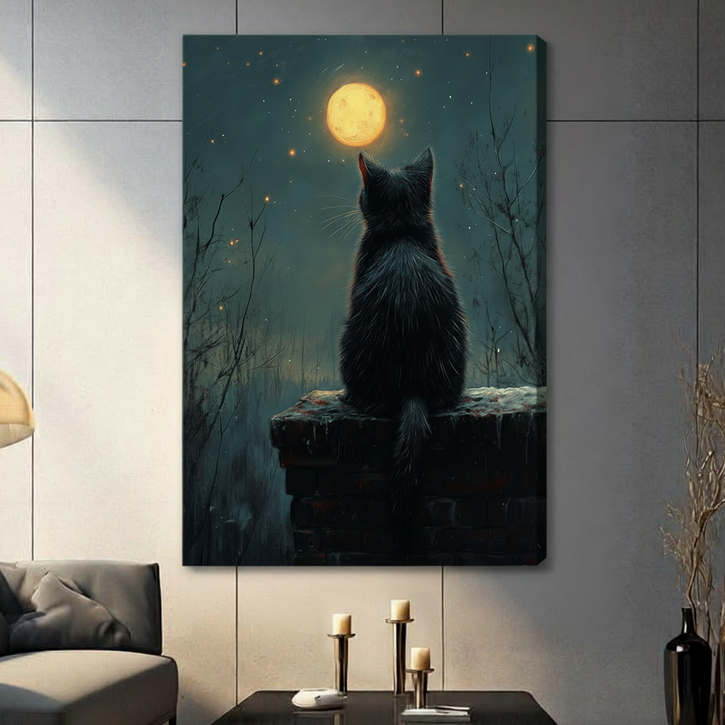 Moonlit Black Cat Canvas Wall Art