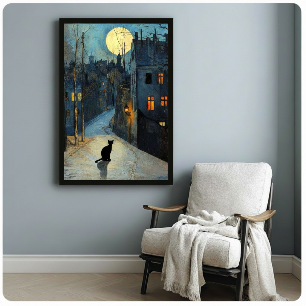 Moonlit Street Black Cat Framed Canvas Wall Art