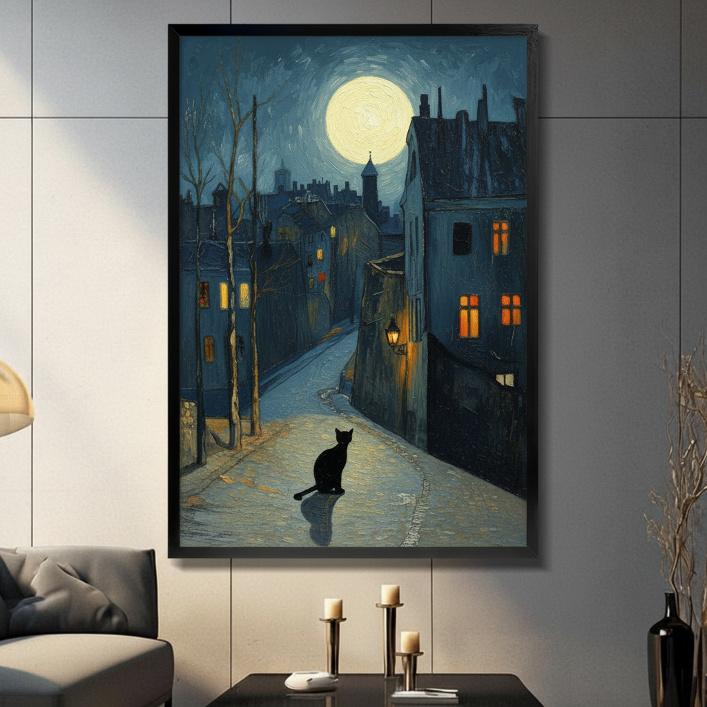 Moonlit Street Black Cat Framed Canvas Wall Art