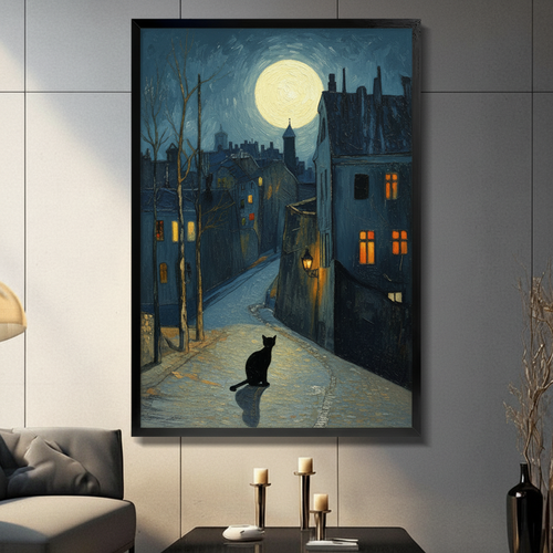 Moonlit Street Black Cat Framed Canvas Wall Art