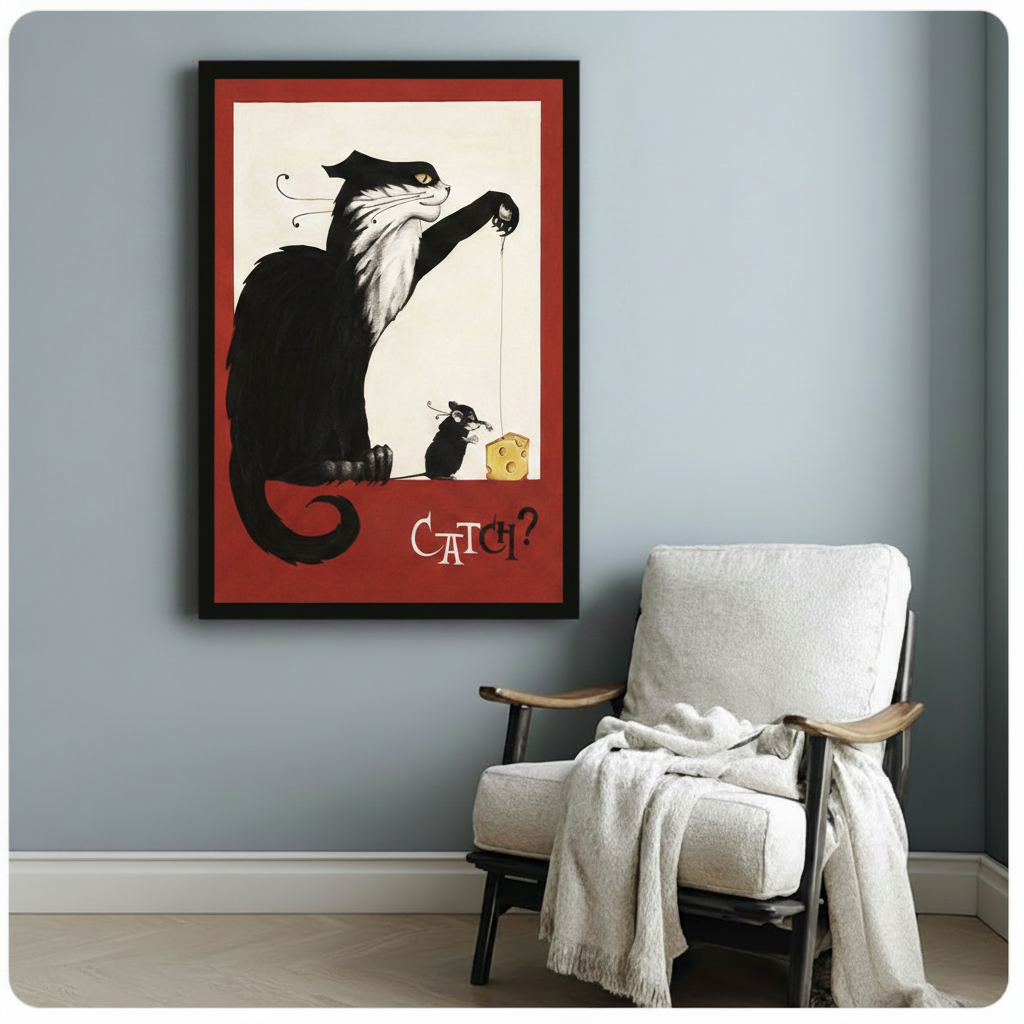 Retro Cat Mouse Humor Framed Canvas Art Wall Art