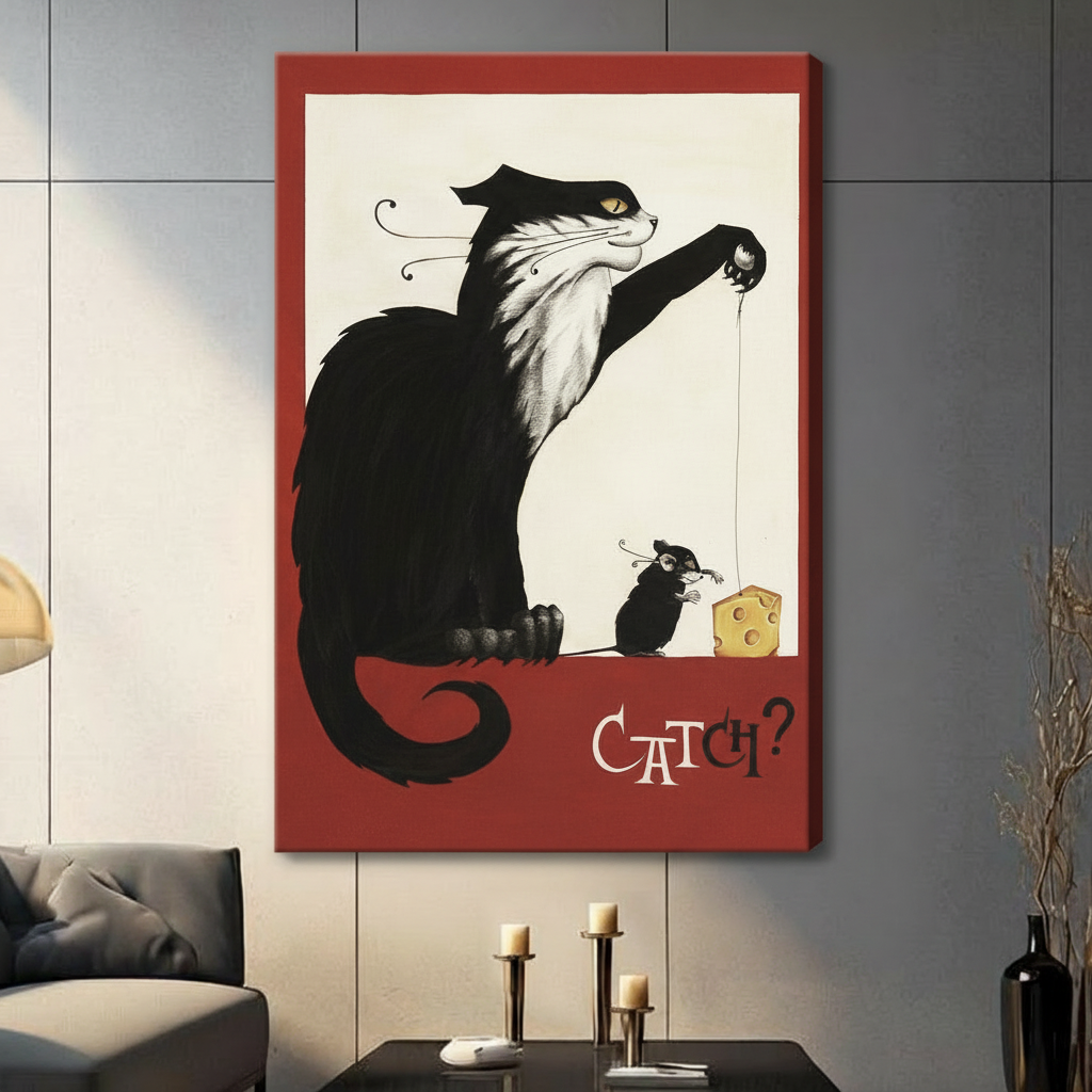 Retro Cat Mouse Humor Framed Canvas Art Wall Art