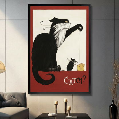 Retro Cat Mouse Humor Framed Canvas Art Wall Art