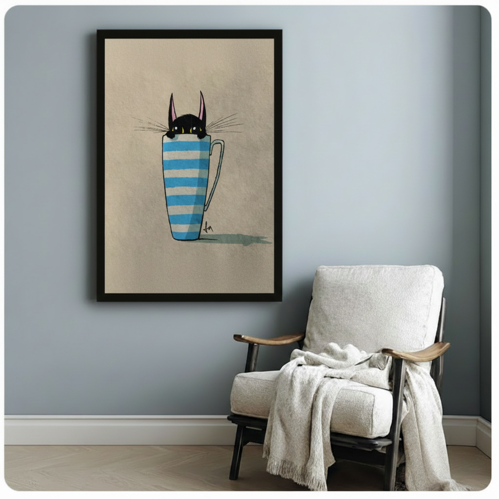 Black Cat in Striped Mug Canvas Print Wall Art