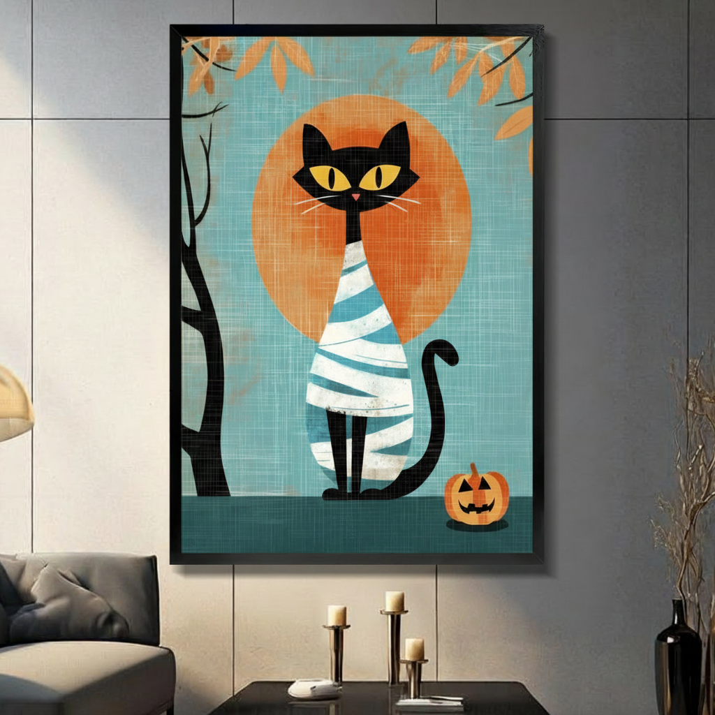 Halloween Mummy Cat Pumpkin Retro Canvas Wall Art