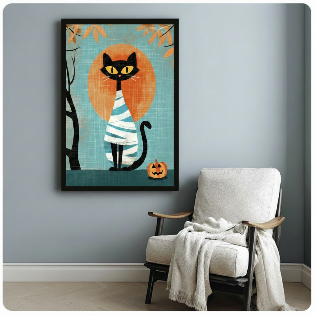 Halloween Mummy Cat Pumpkin Retro Canvas Wall Art
