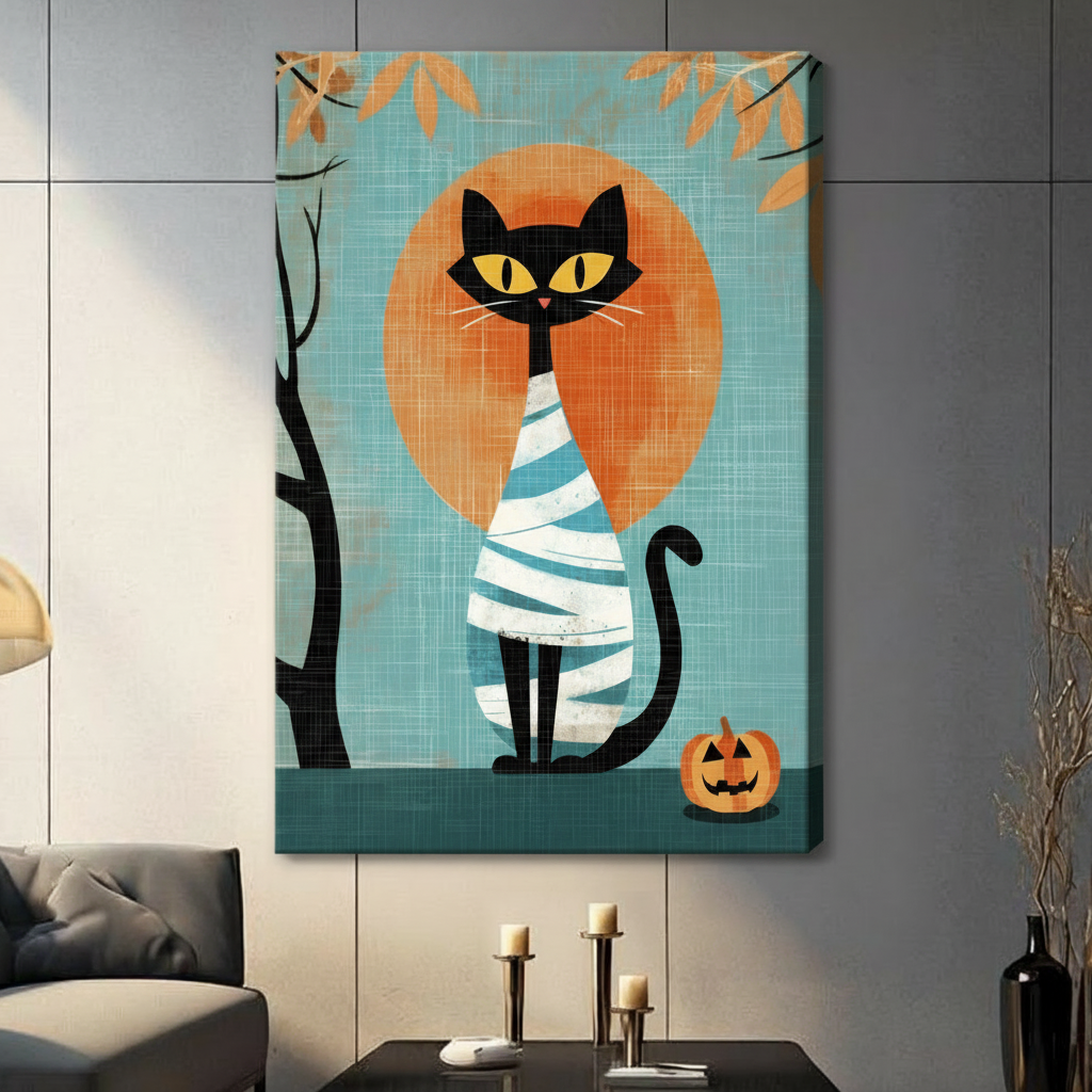Halloween Mummy Cat Pumpkin Retro Canvas Wall Art