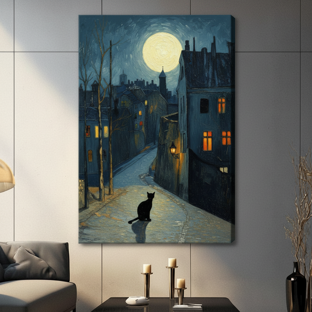 Moonlit Street Black Cat Framed Canvas Wall Art