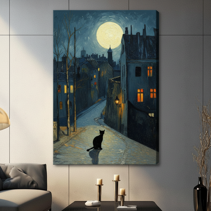 Moonlit Street Black Cat Framed Canvas Wall Art