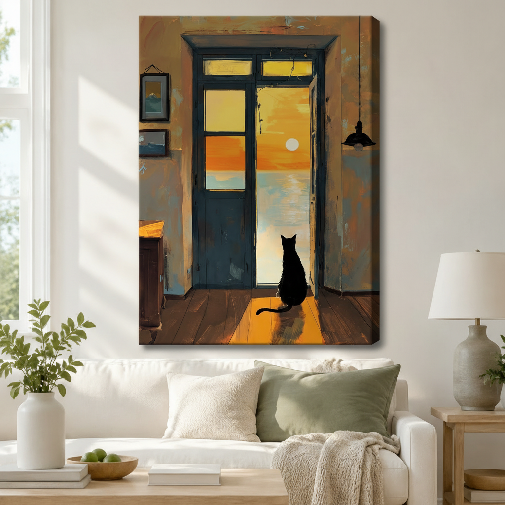 Black Cat Sunset Ocean View Canvas Art Wall Art