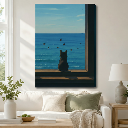 Minimalist Black Cat Ocean View Canvas Art Wall Art