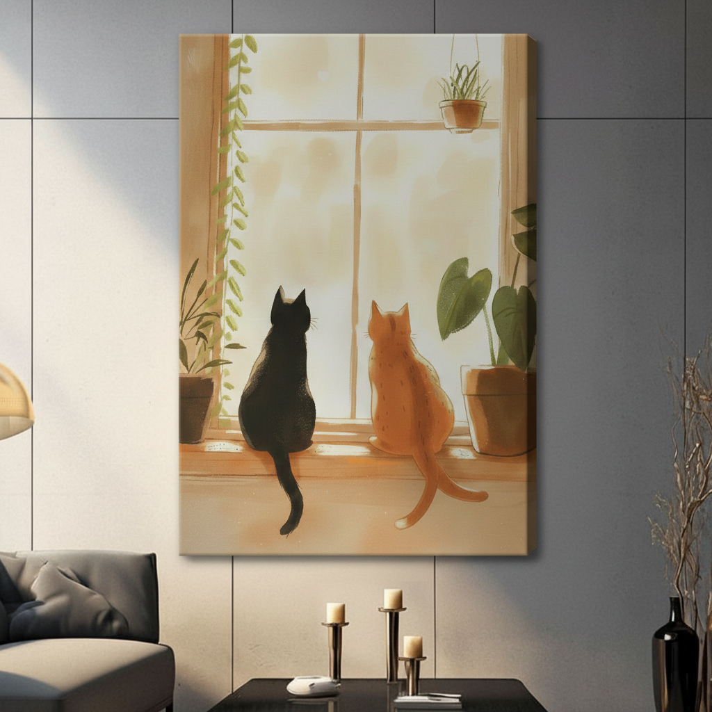 Two Cats Window Canvas Art – Cozy Boho 3009 Wall Art