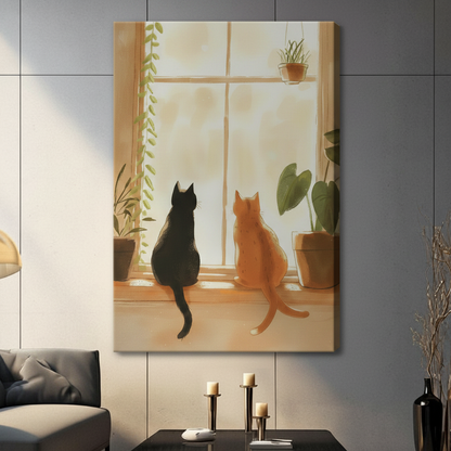 Two Cats Window Canvas Art – Cozy Boho 3009 Wall Art
